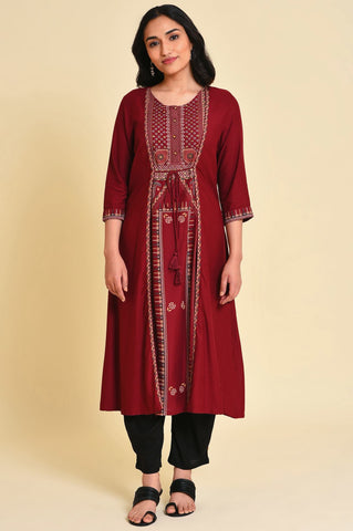 Red Mock Layer Printed kurta