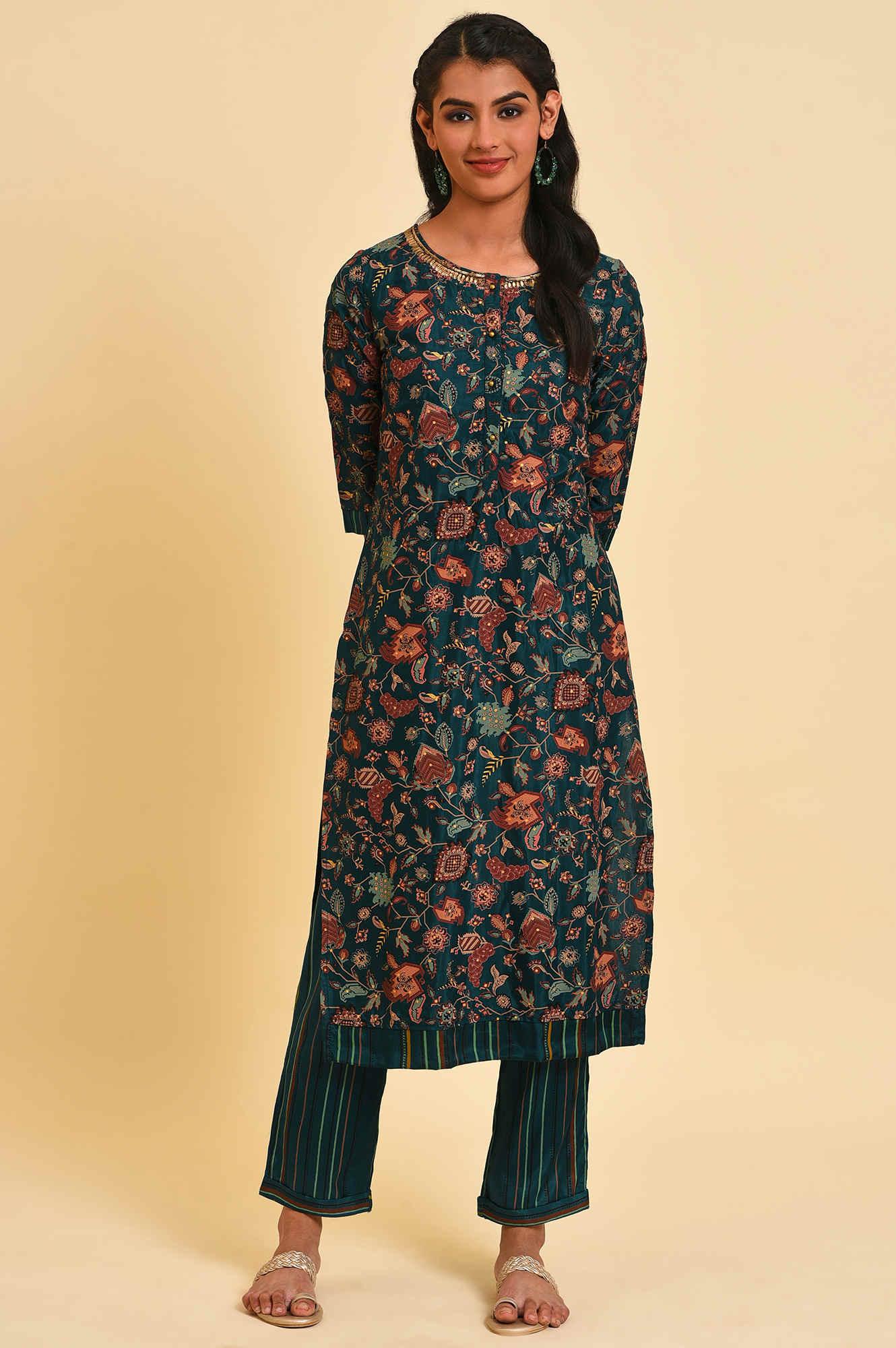 Teal Printed Embellished Neck Straight kurta