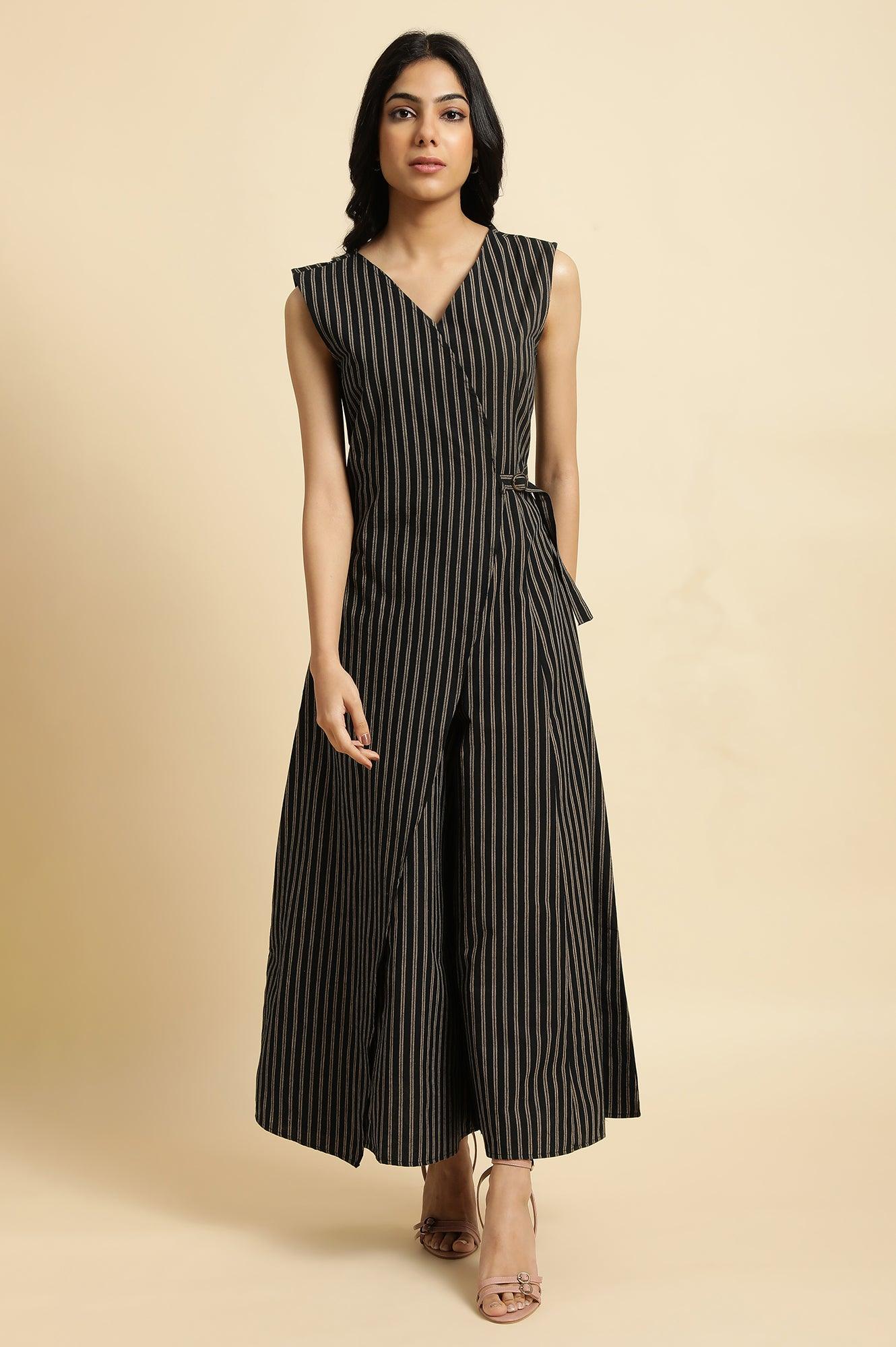 Black Striped Yarn Dyed Sleeveless Wrap Jumpsuit