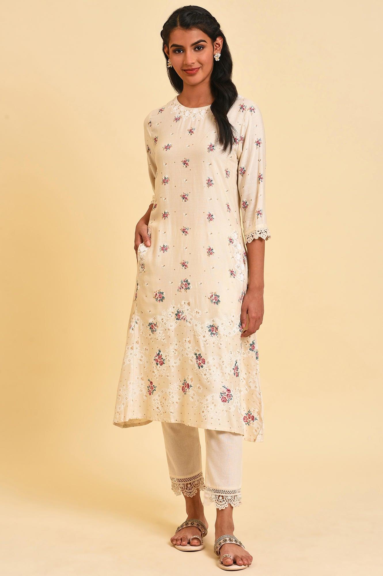 Ecru Glitter Floral Print Mix kurta