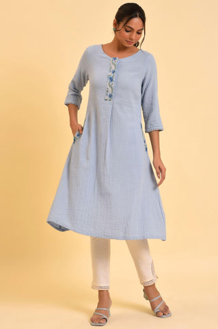 Light Blue Embroidered Cotton Summer kurta