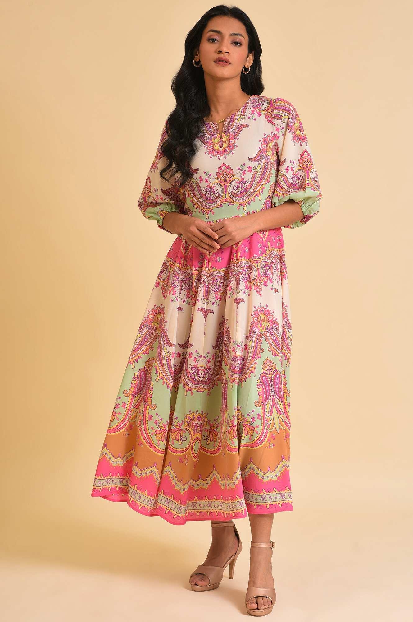 Soft Multi-Coloured Paisley Printed Panelled Dress