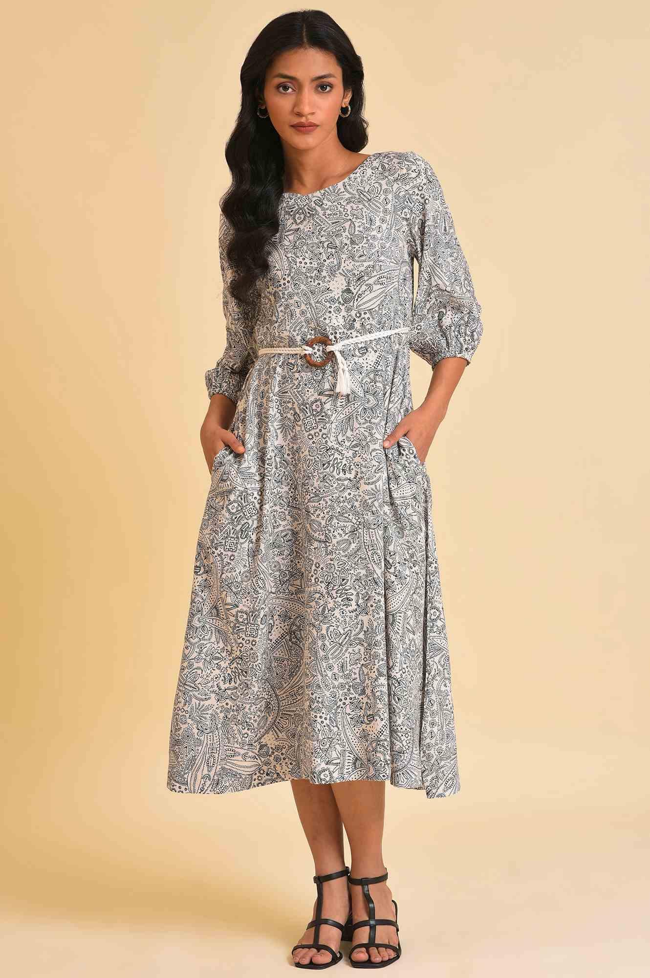 Ecru Printed Rayon Moss Dress With Belt