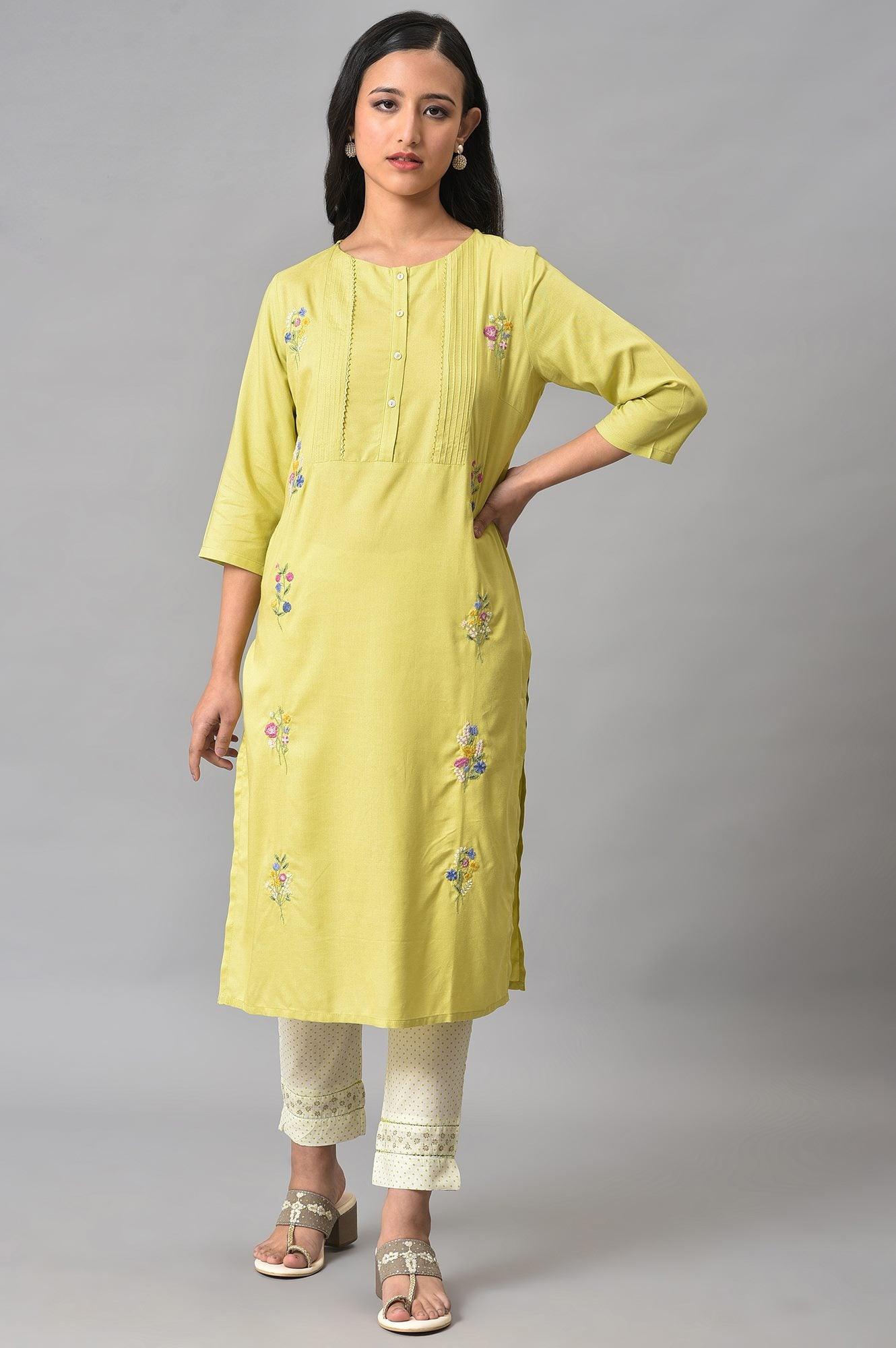 Plus Size Light Green Embroidered Pintuck Summer kurta