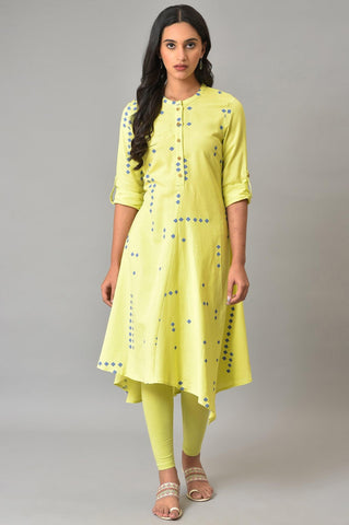 Celery Green Asymmetric kurta In Geometric Print