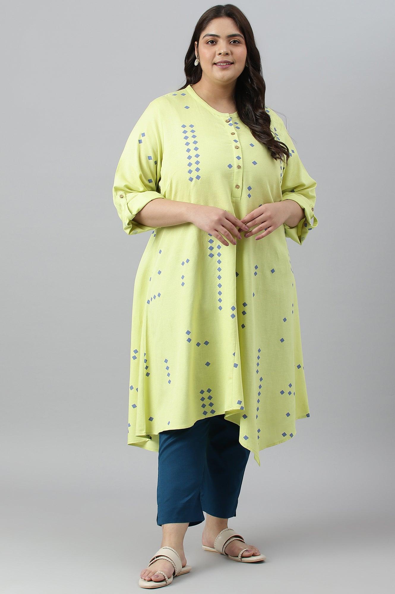 Light Green Printed Asymmetrical Plus Size kurta