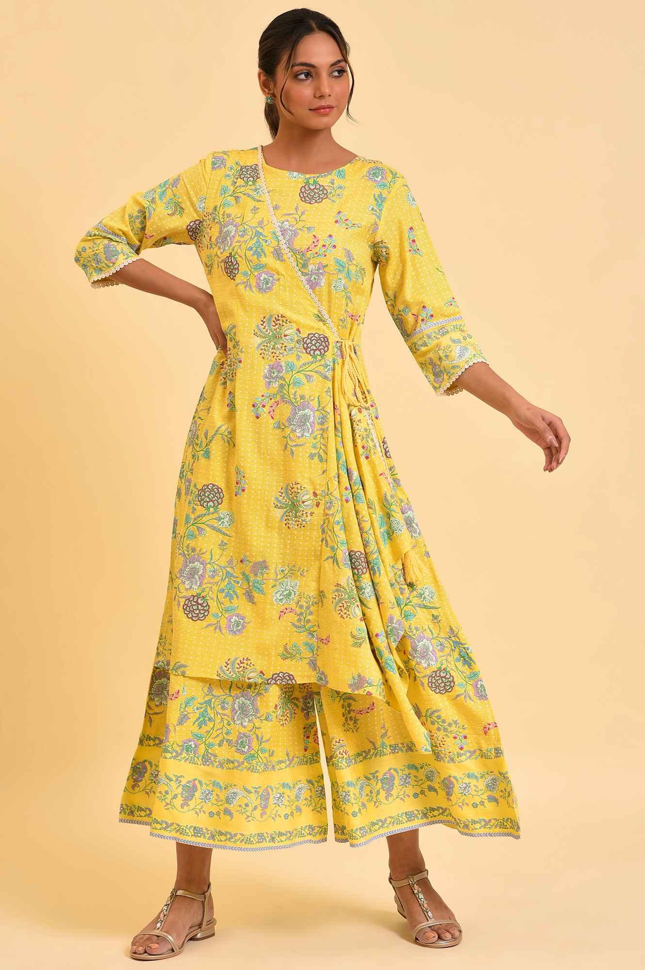 Yellow Printed Angrakha Jumpsuit