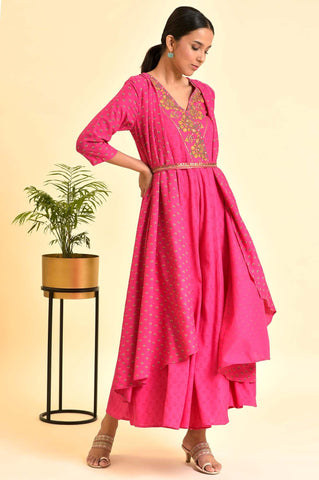 Pink Printed Draped Jumpsuit With Embroidered Belt