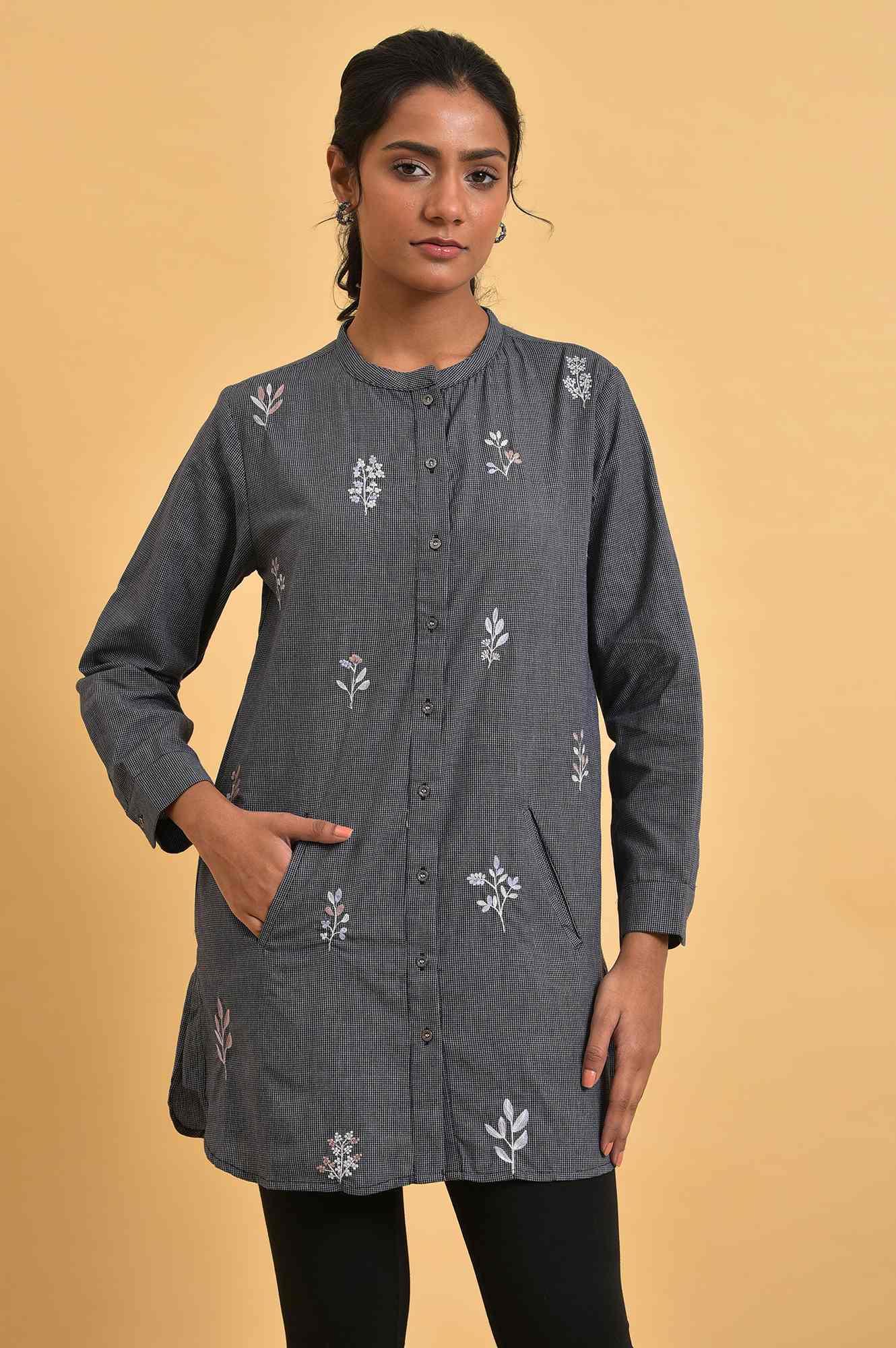 Grey Checker Embroidered Western Tunic