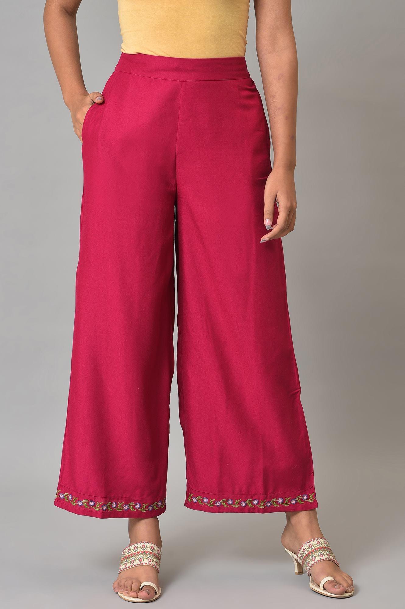 Berry Pink Embroidered Parallel Pants