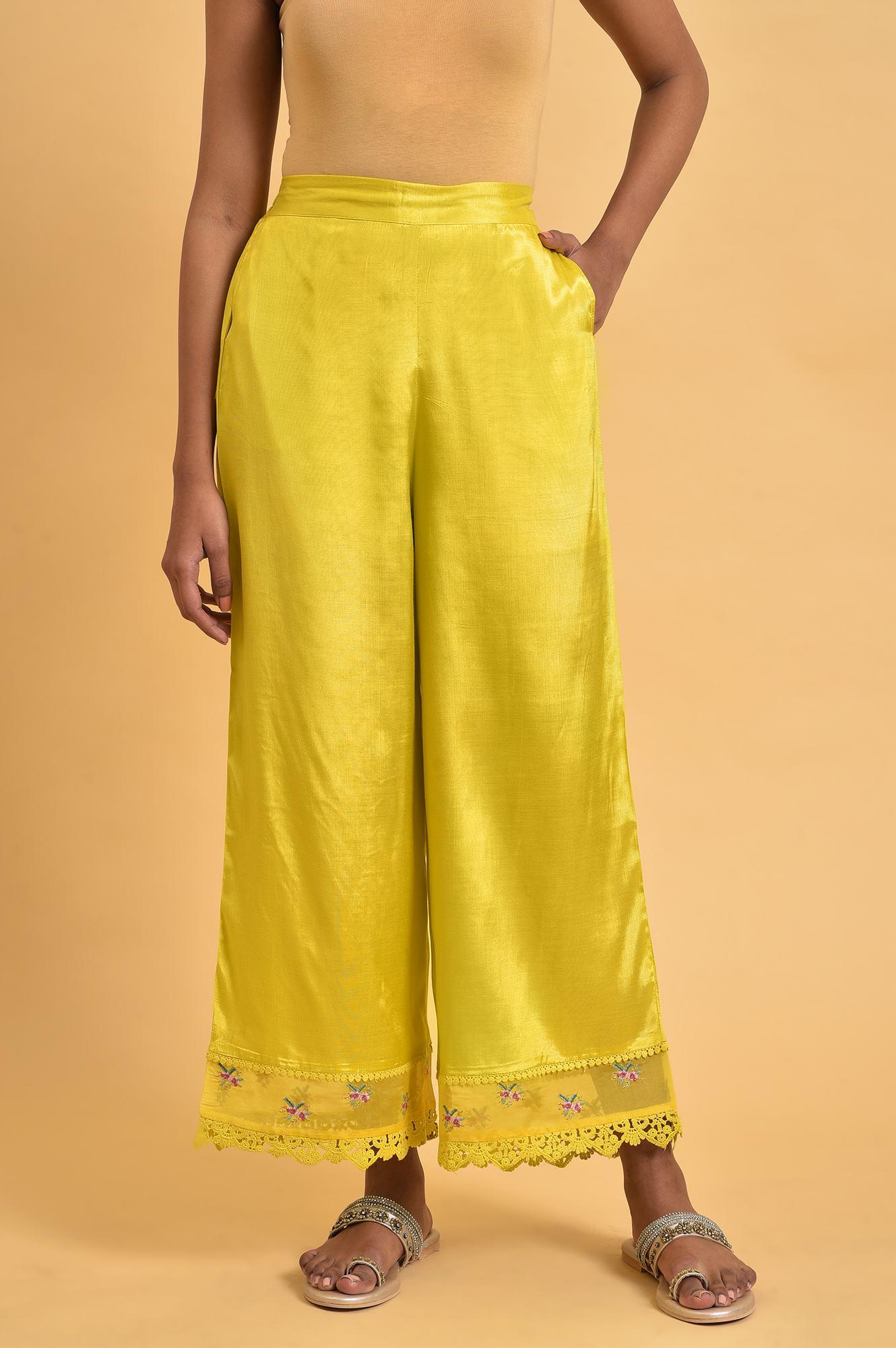 Yellow Parallel Pants With Lace And Embroidery