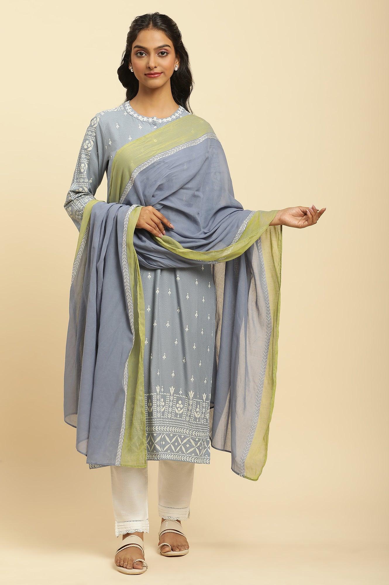Celery Green And Blue Colour Block Dupatta