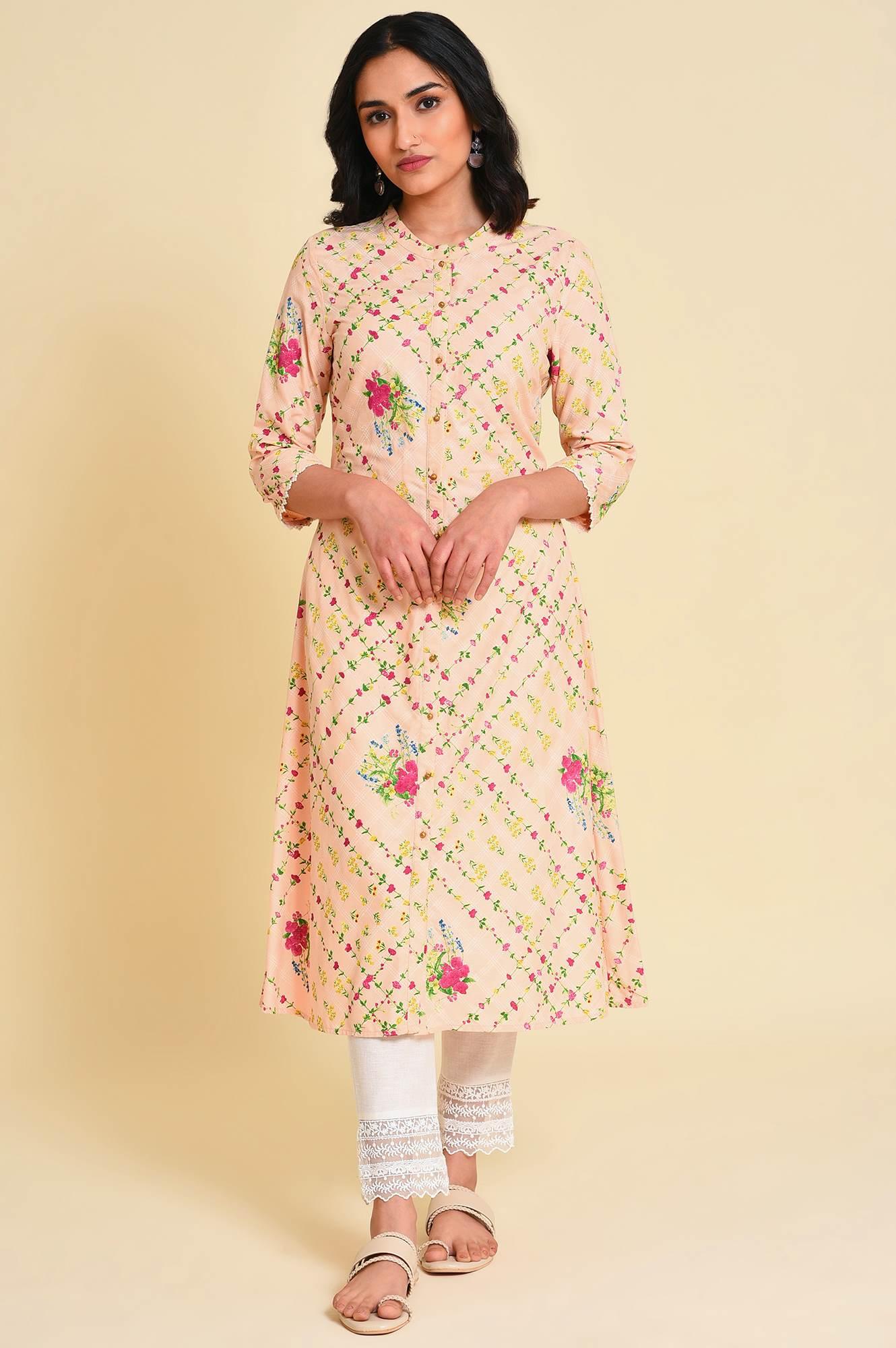 Light Orange Floral Print kurta Set