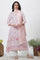 Pink Floral Printed A-Line Kurta, Pants And Kota Dupatta Set