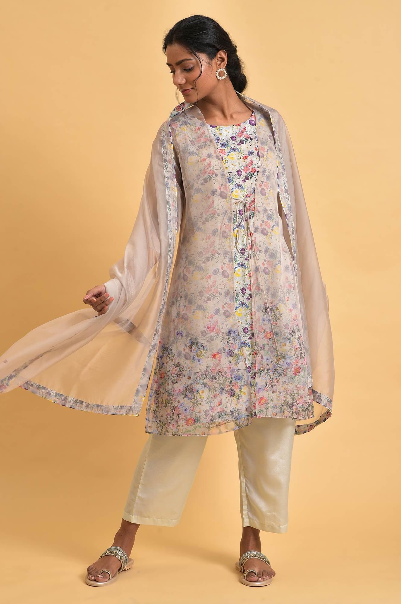 Ecru Floral Print Jacket kurta Set