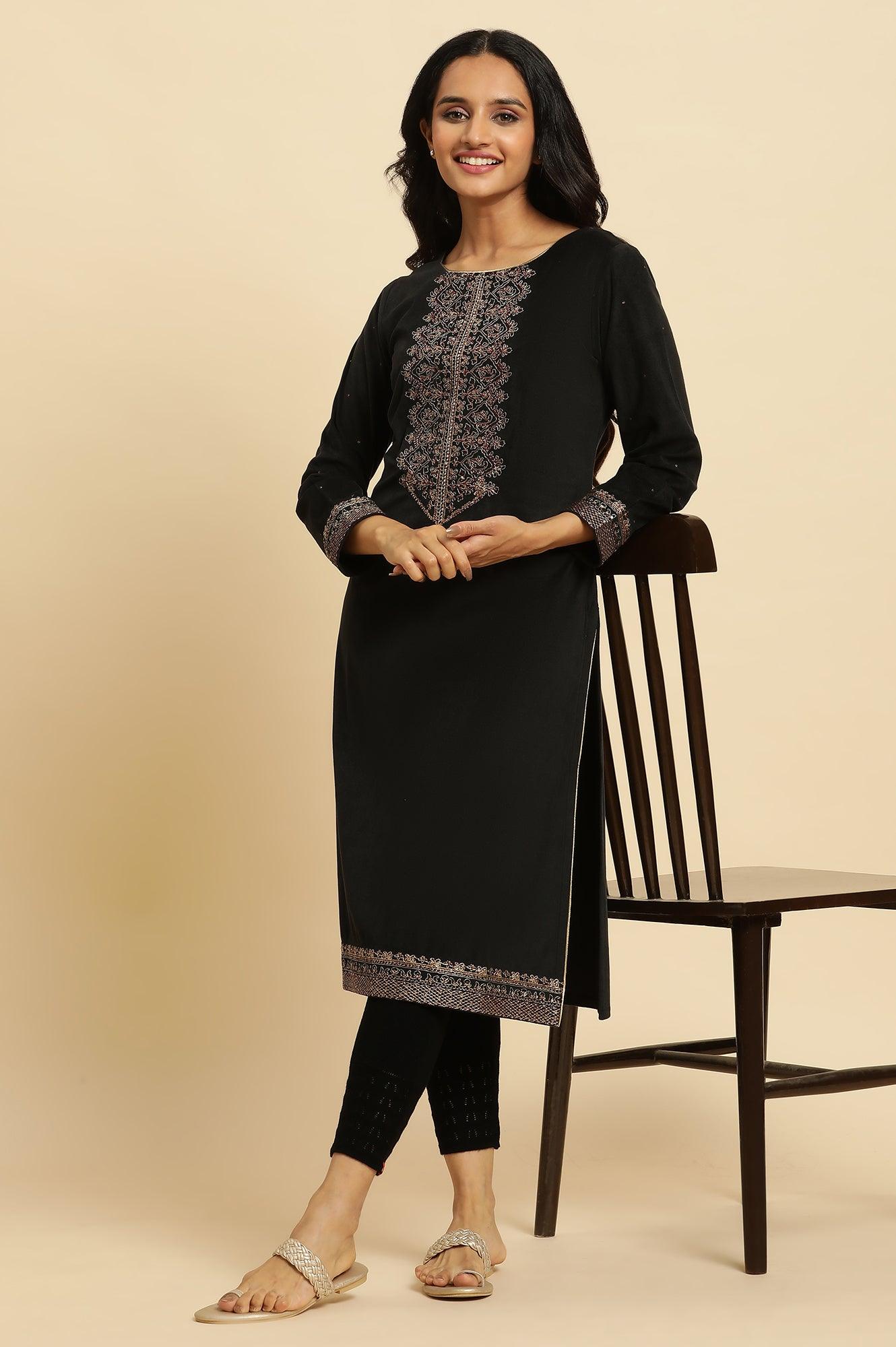 Black Velvet Embroidered Festive Winter Kurta