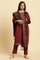 Maroon Velvet Embroidered Kurta, Pants And Jacquard Dupatta Set