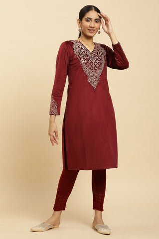 Maroon Embroidered Flared Velvet Kurta