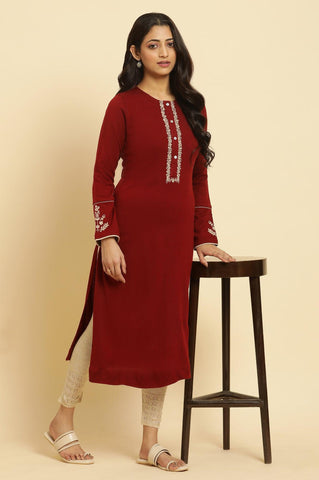 Red Embroidered Winter Kurta And Tights Set