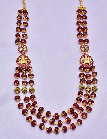 Designer 3-Lines Ruby Cut Beads Mala With Lakshmi Devi Side pendent