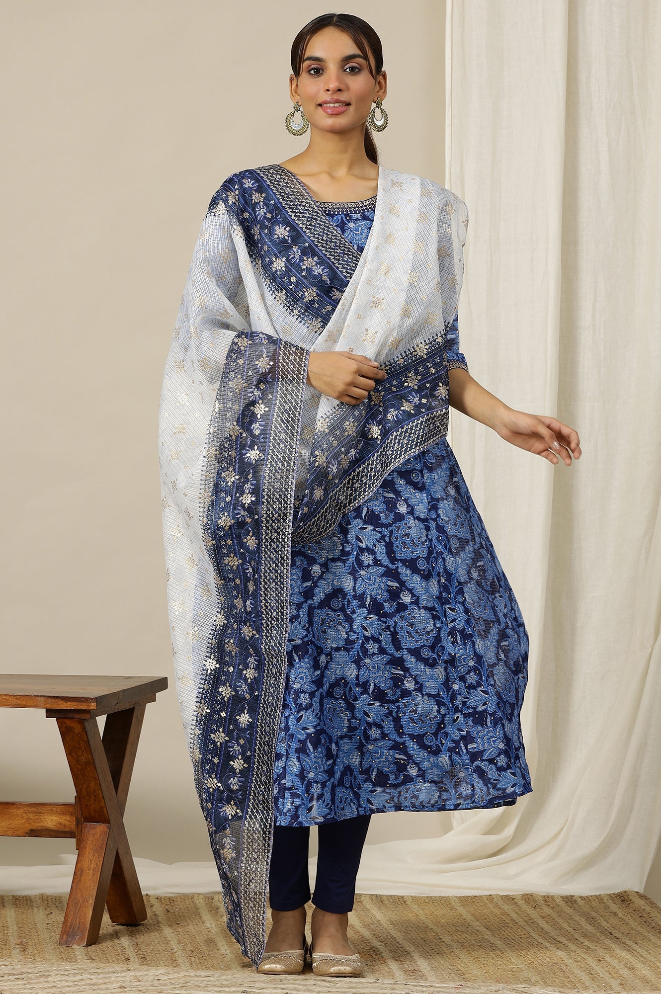Blue and White Floral Printed Kota Doria Light-Weight Sheet Dupatta