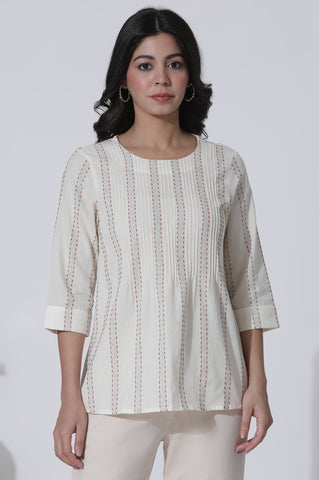 White Yarn-Dyed Stripes Cotton Top