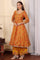 Mustard Yellow Floral Printed Chanderi Anarkali Kurta With Embroidery, Flared Pants And Dupatta Set