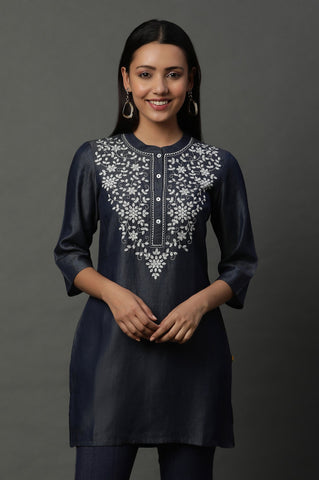 Blue Floral Embroidered Cotton Kurti