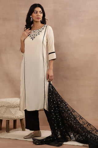 Beige Thread Embroidered Kurta and Palazzo Set