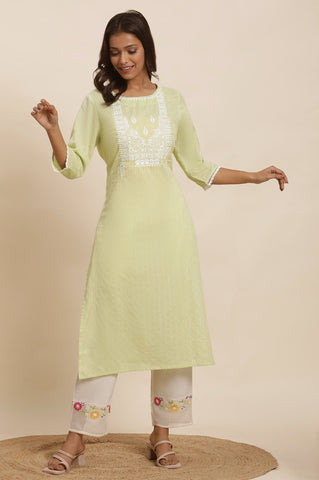 Green Cotton Lurex Embroidered Kurta