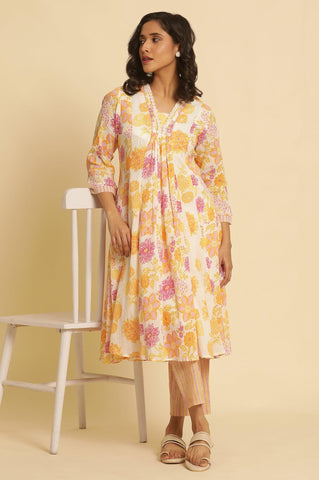 White Floral Printed Flared Kurta