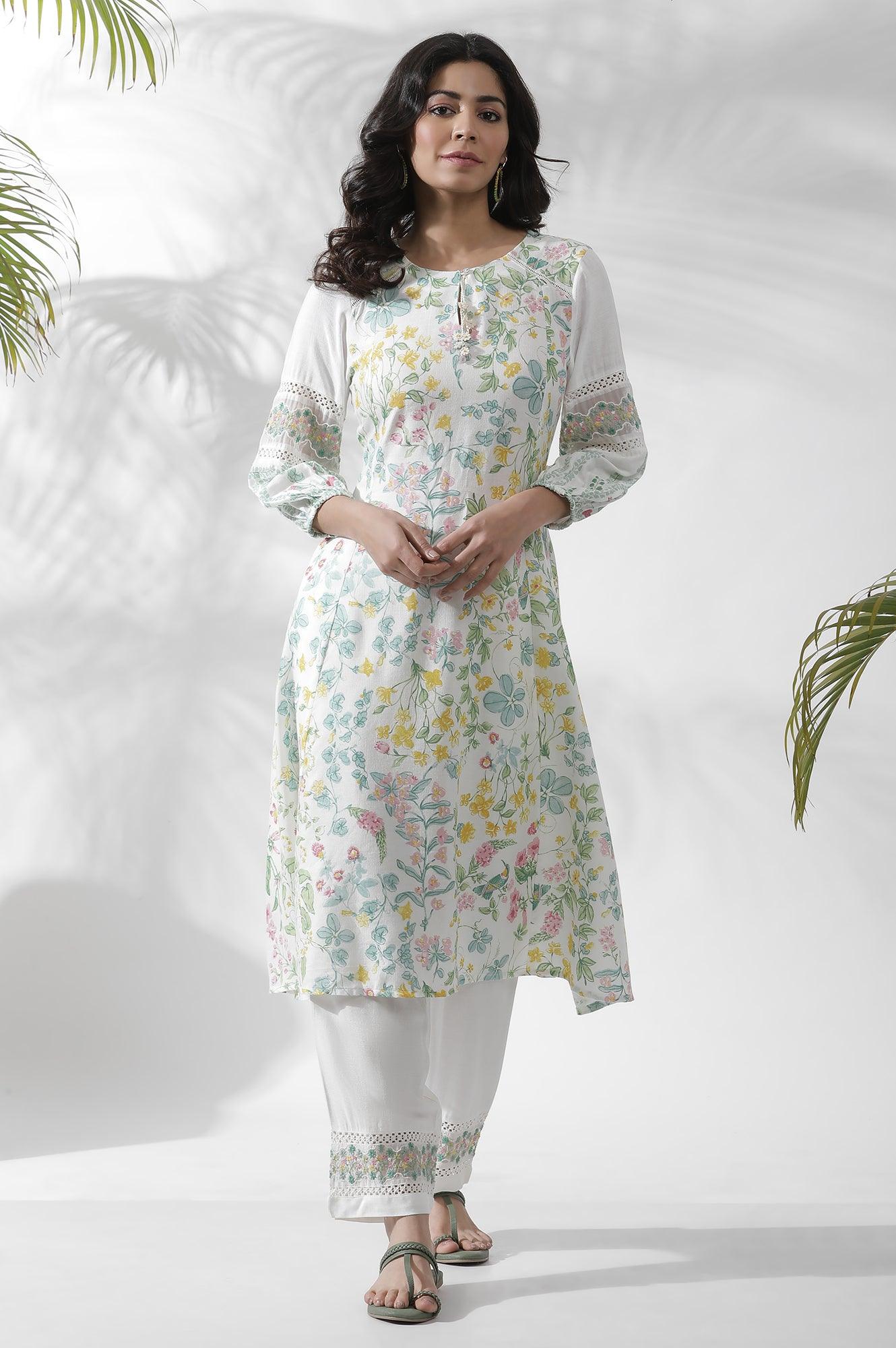 White A-Line Floral Printed Kurta