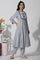 White Flared Kurta With Blue Prints