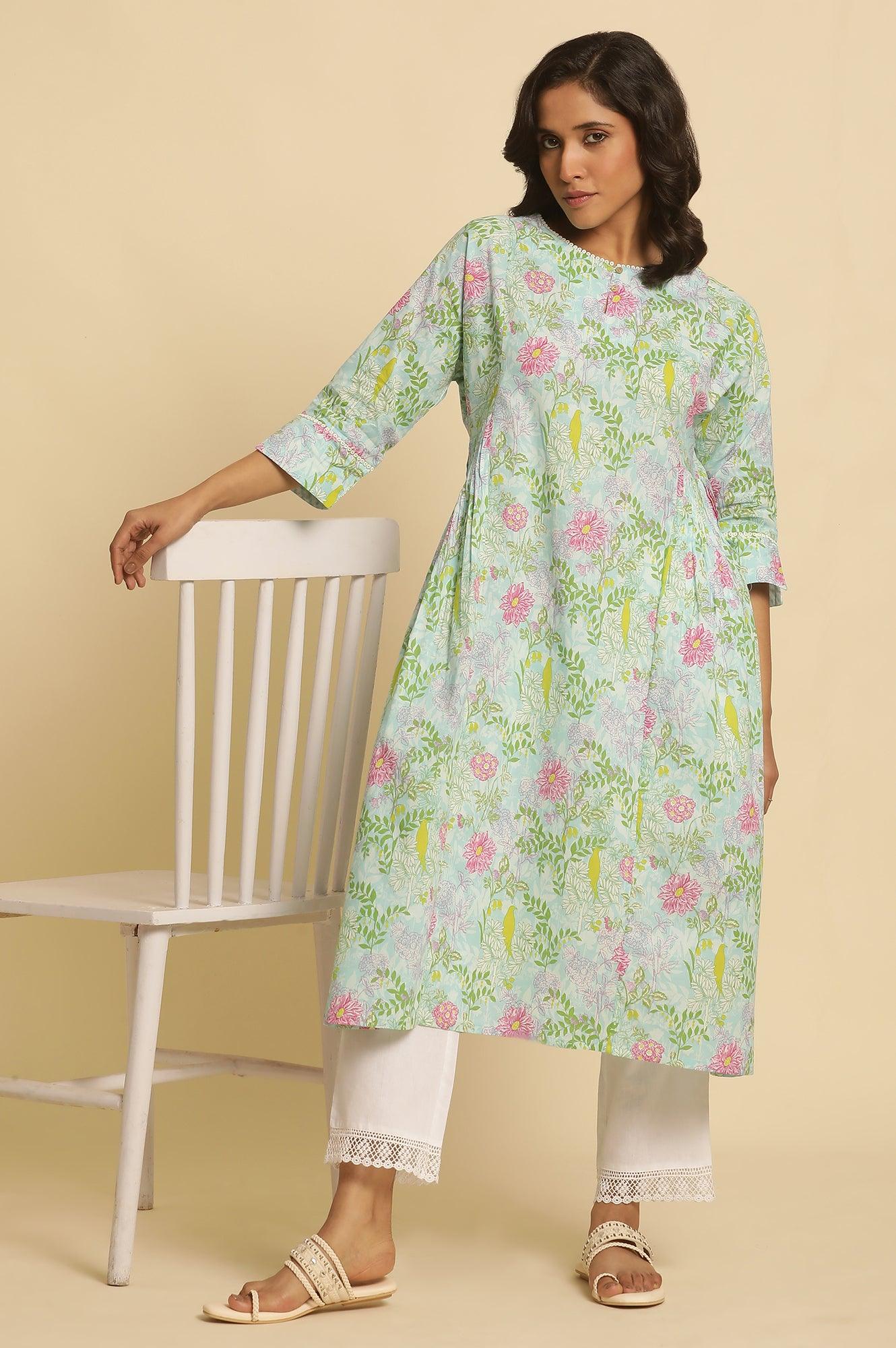Blue Floral Printed Side Pleated Kurta