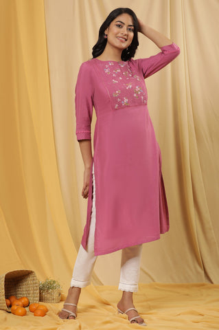 Pink Floral Embroidered Yoke Kurta