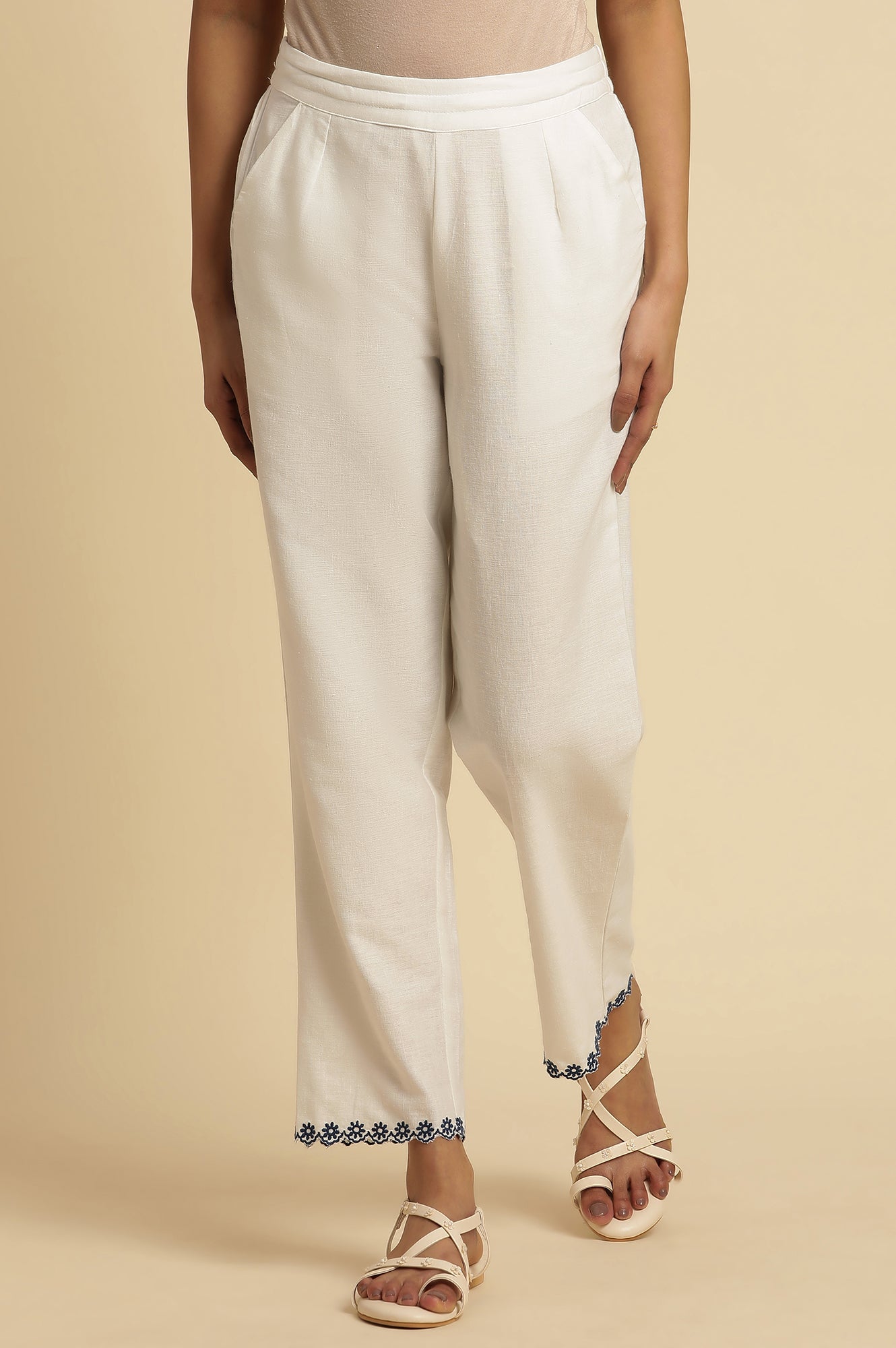 White Straight Pants With Embroidered Hemline