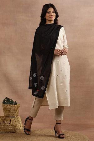 Black Floral Embroidered Cotton Dupatta