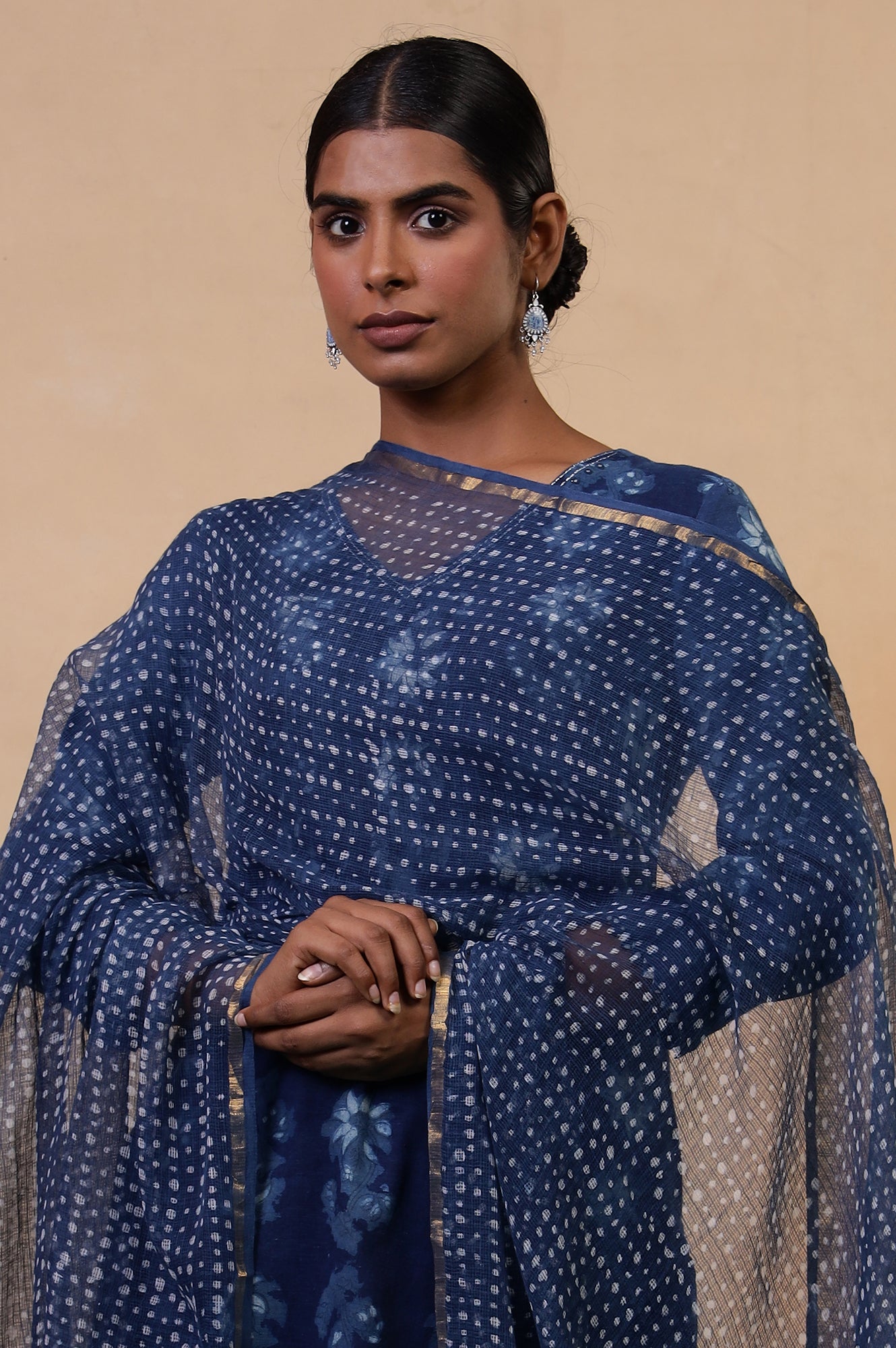 Indigo Cotton-Silk Hand Block Printed Polka Dot Dupatta