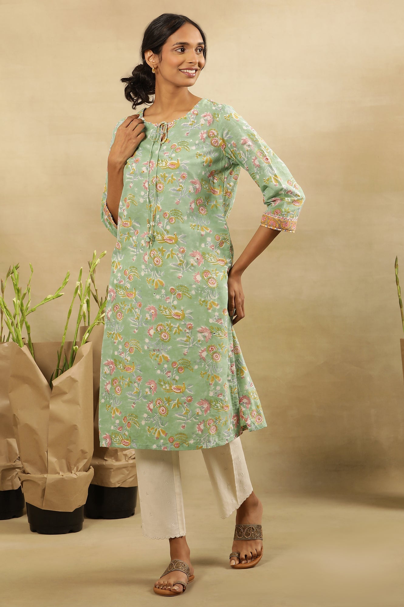 Green Block Printed Kurta With Neck Tie-Up