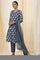 Blue Dabu Block Print Cotton Voile Straight Kurta, Pants And Dupatta Set