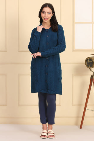 Blue Self Design Straight Winter Long Sweater
