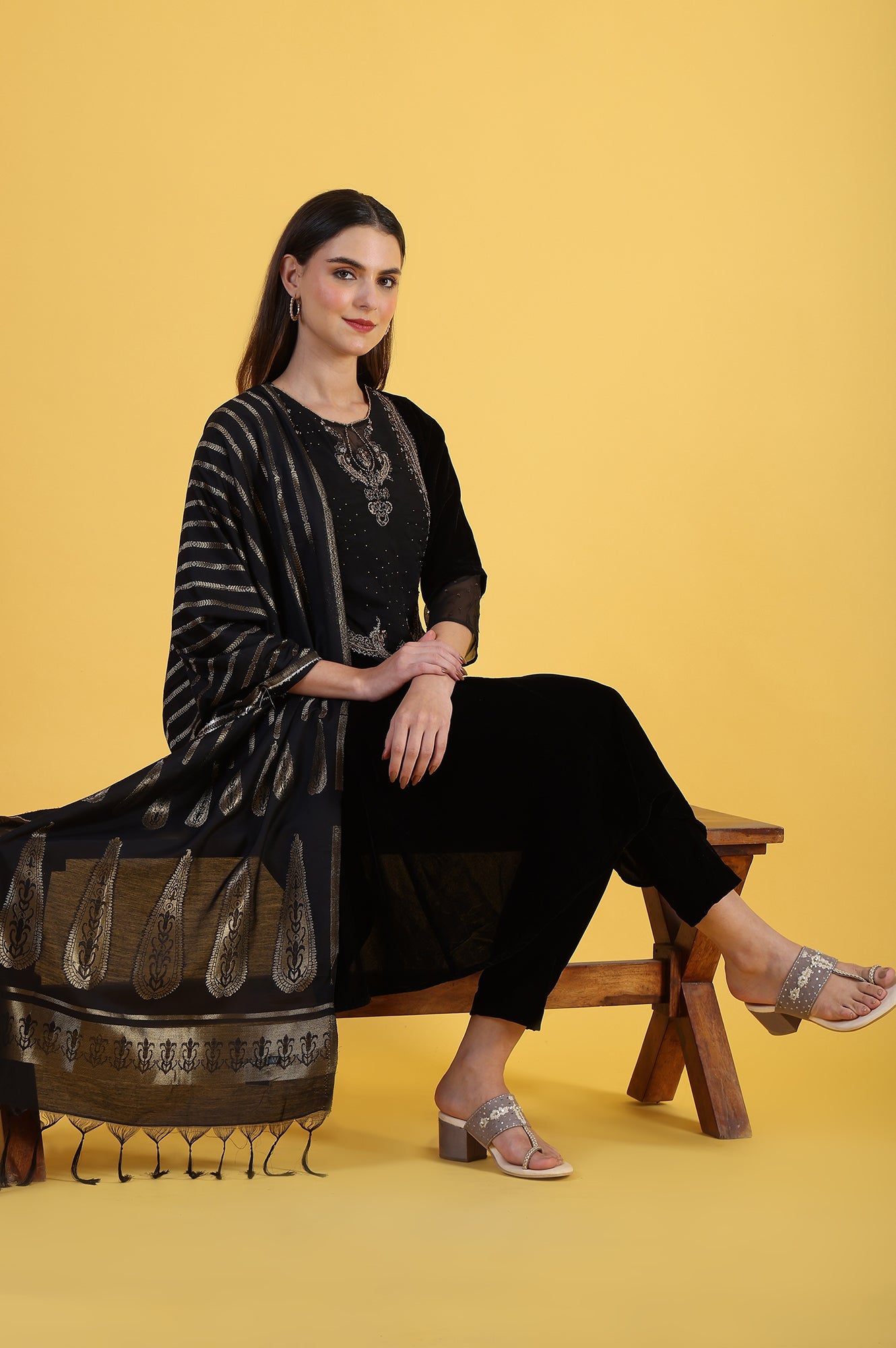 Black Solid Metallic Embroidery Flared Kurta & Straight pant with Dupatta Set