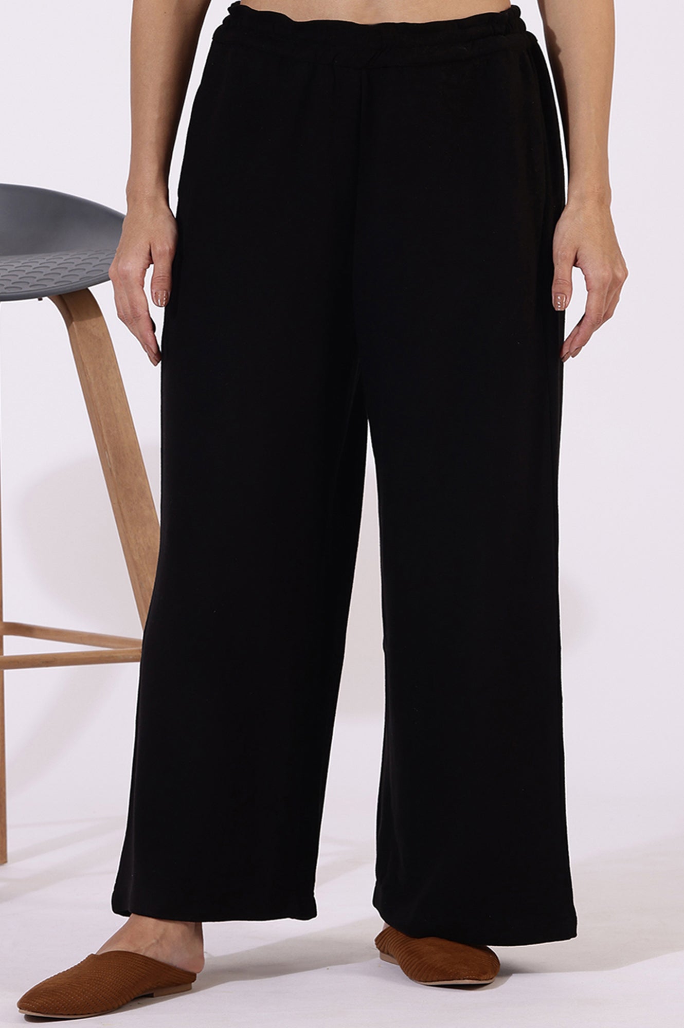 Black Solid Cashmere Ankle Length Wide Leg Parallel Pants