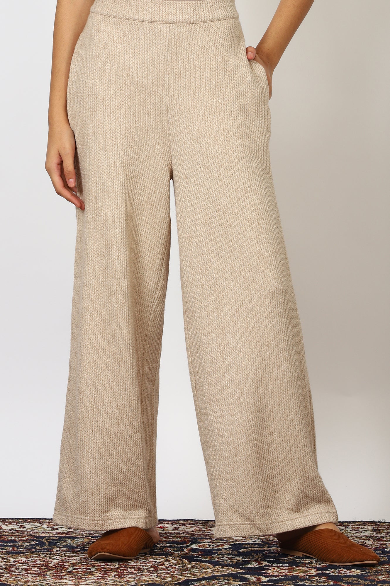 Beige Solid Rayon Parallel Pants