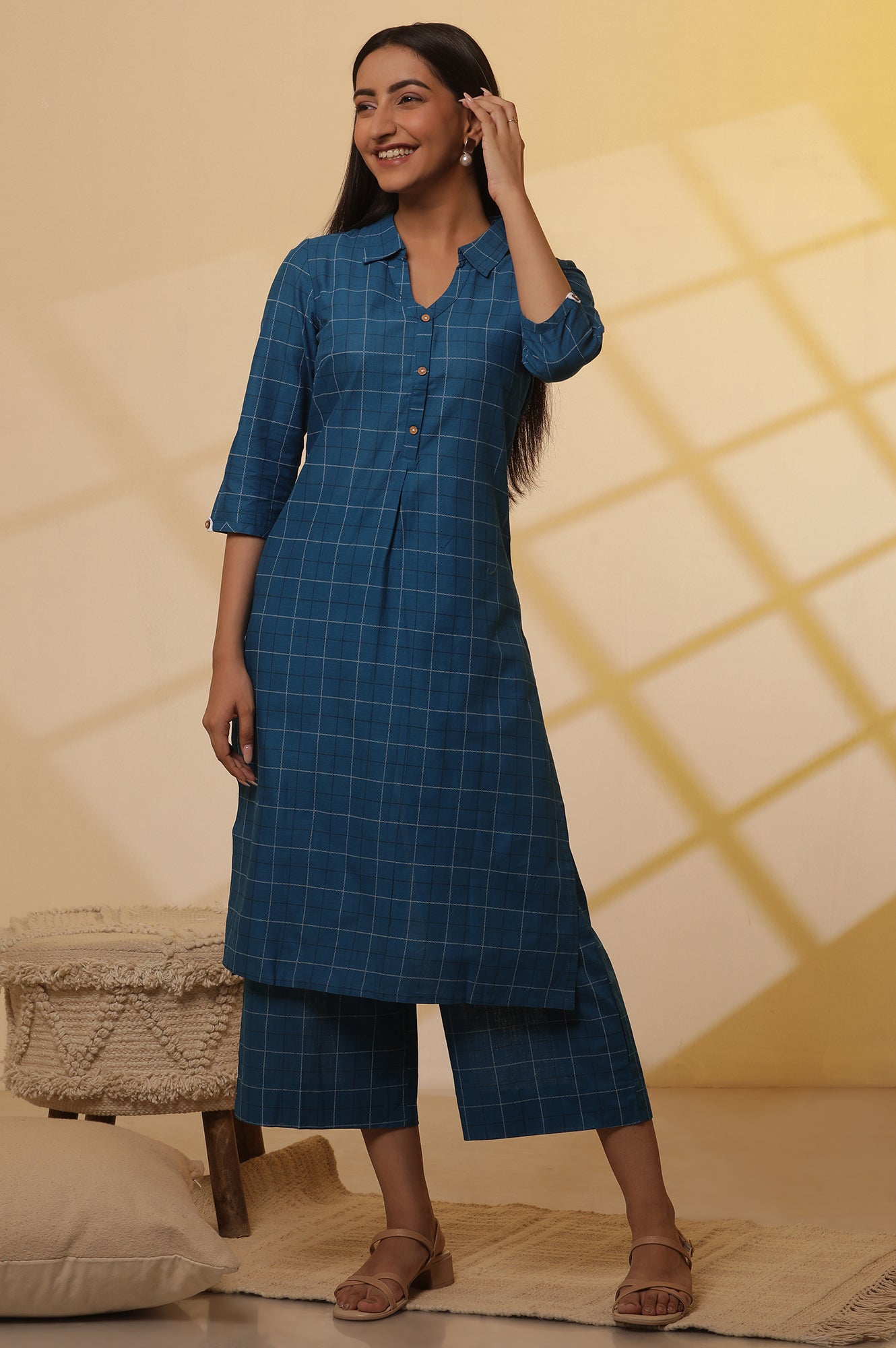 Blue Checker Cotton Shirt Kurta and Culottes Set