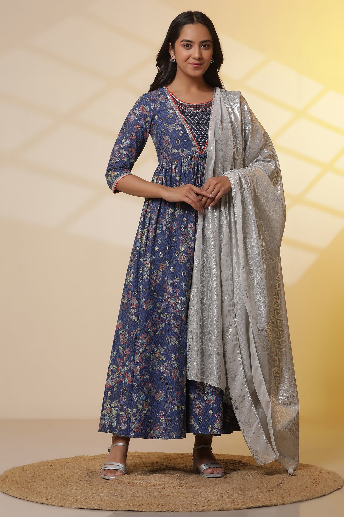 Blue Floral Printed Embellished Flared Kurta, Tights and Dupatta Set