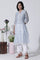 White & Blue Floral Printed Kota Kurta, Pants And Brasso Dupatta