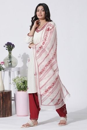 White Embroidered Cotton Kurta, Salwar With Dupatta Set