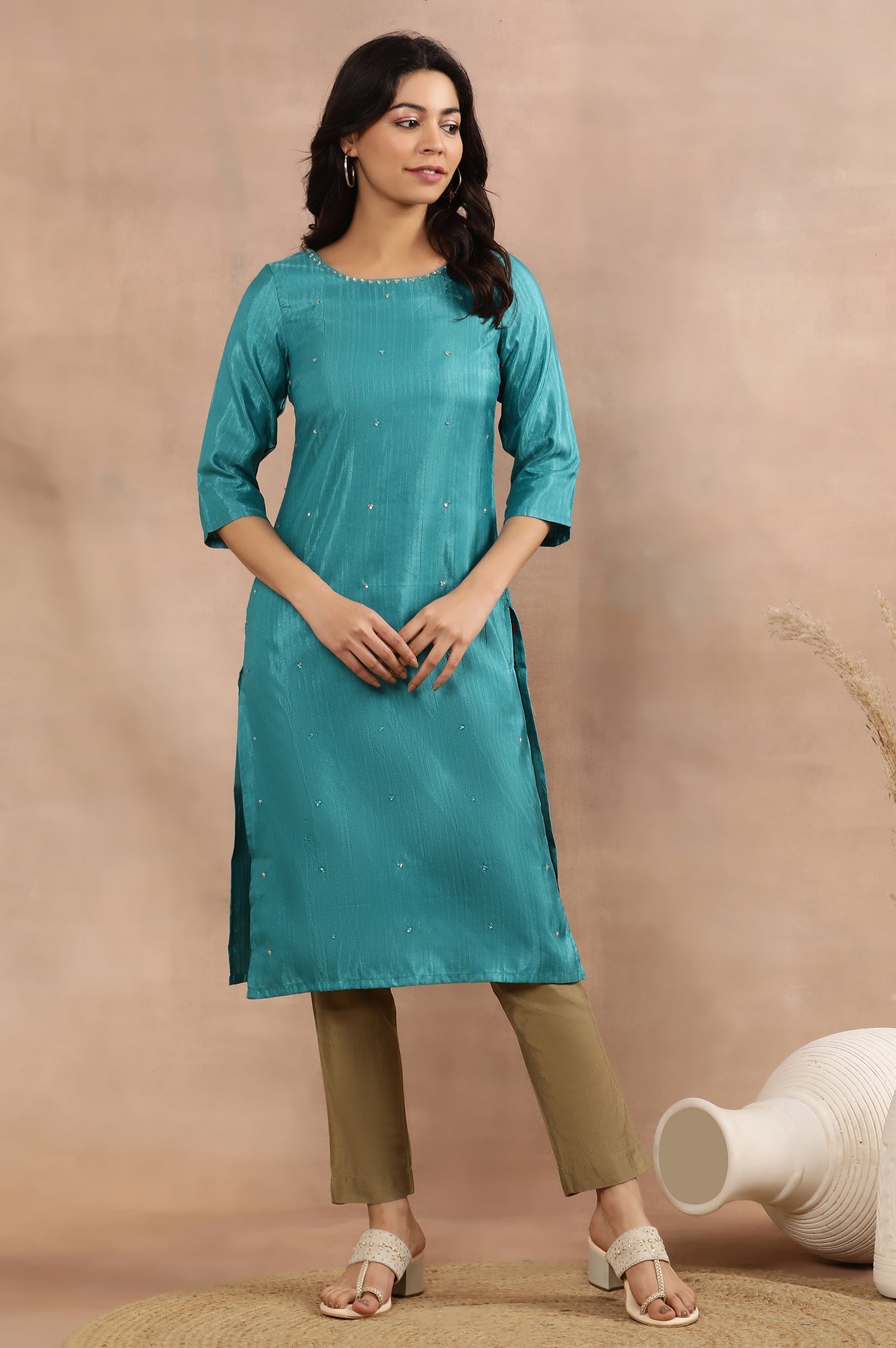 Teal Embellished Kurta And Golden Pants Set