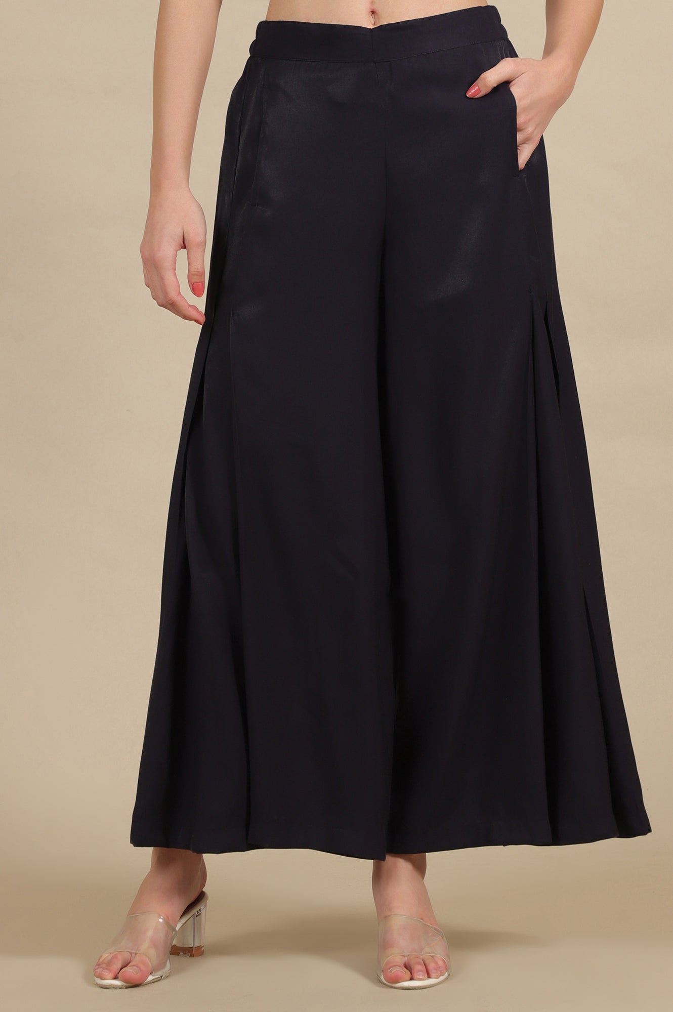 Blue Solid Flared Rayon Palazzo With Pleats